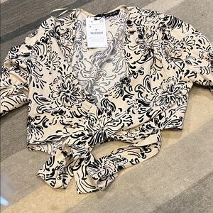 Zara Black and Cream Floral Wrap Blouse